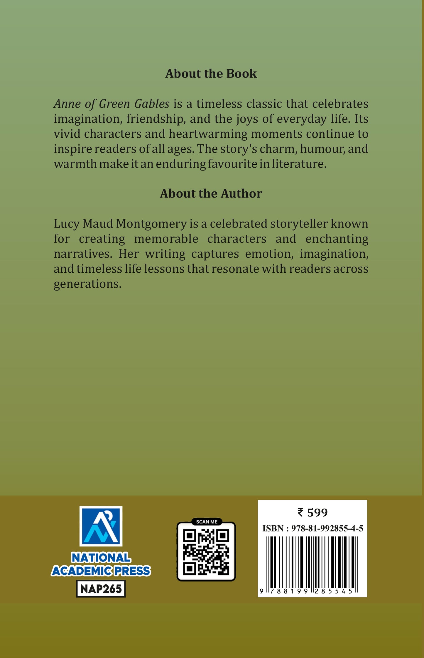 Book back cover with text about the book 'Anne of Green Gables' and author Lucy Maud Montgomery, featuring a barcode and National Academic Press logo.