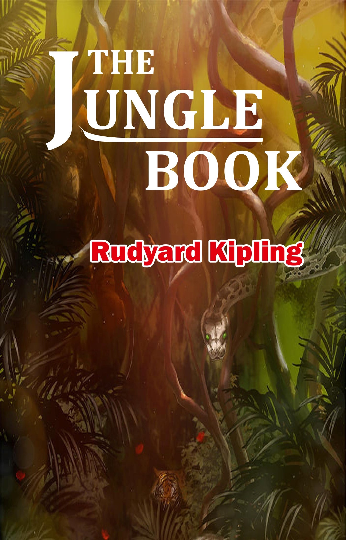 Cover of 'The Jungle Book' by Rudyard Kipling, featuring a vibrant illustration of a jungle scene from Shanti Books Publication in Chennai.