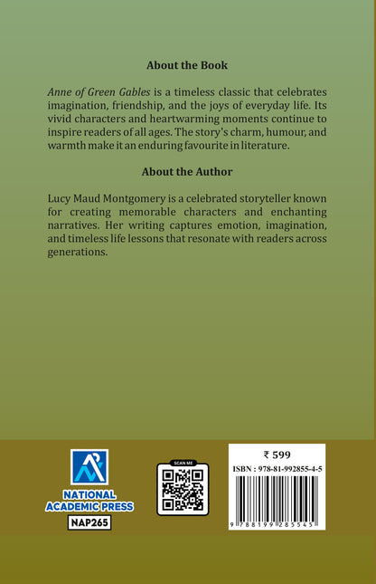 Book back cover with text about the book 'Anne of Green Gables' and author Lucy Maud Montgomery, featuring a barcode and National Academic Press logo.