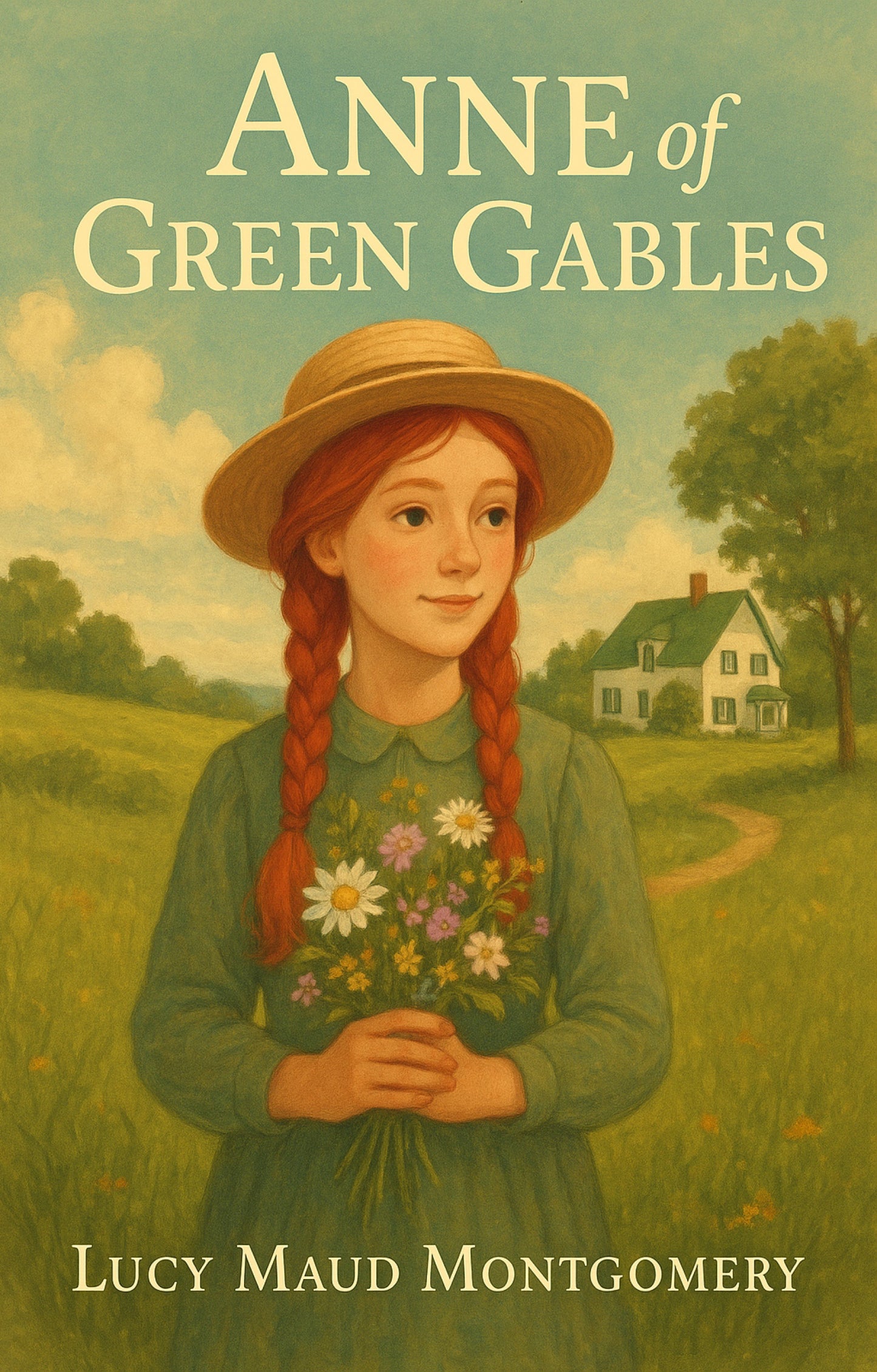 Book cover of 'Anne of Green Gables' with a girl holding flowers in a field.