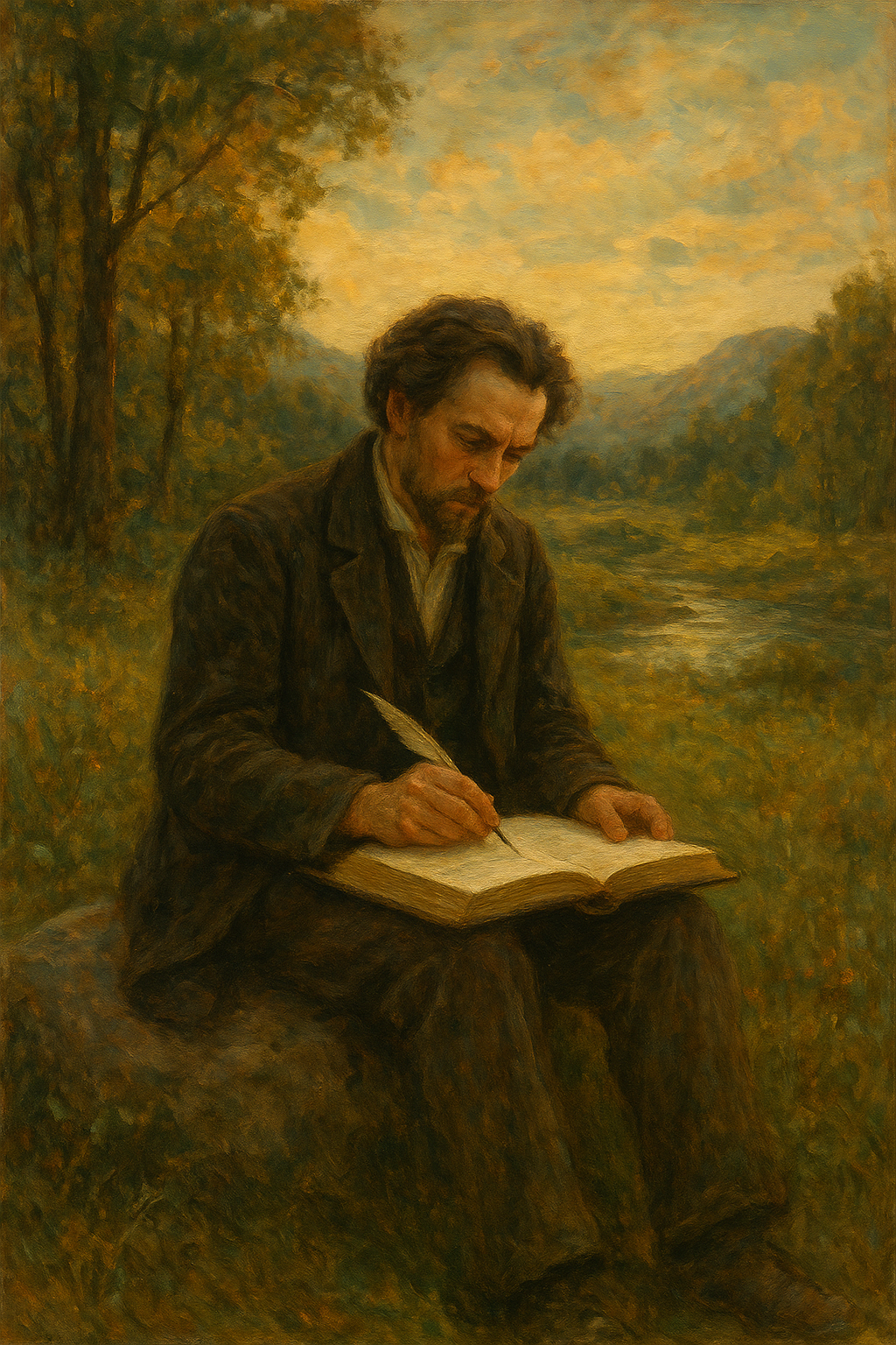 Man sitting in a scenic landscape writing in a book