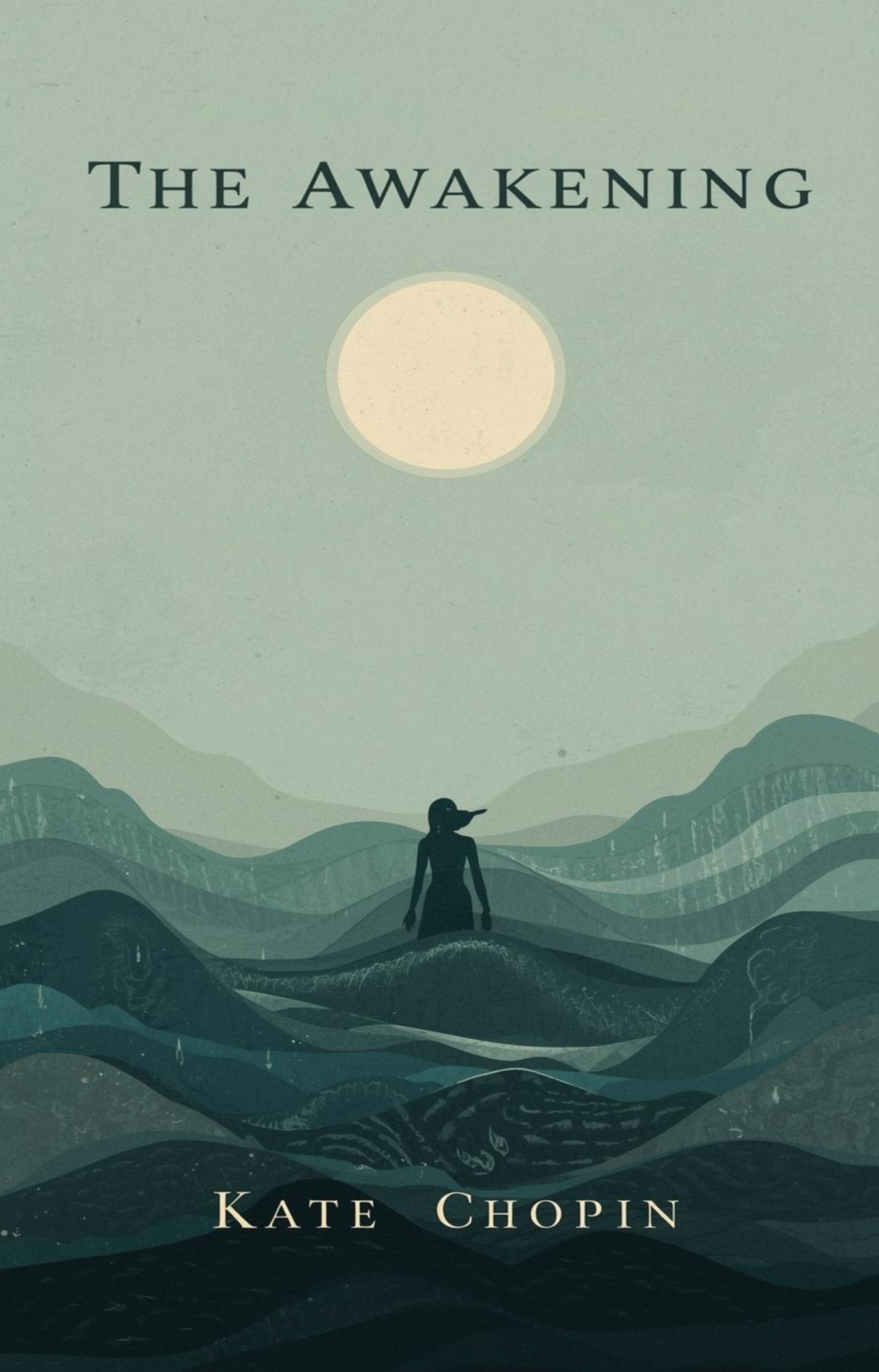 Book cover of 'The Awakening' by Kate Chopin with a silhouette of a woman and wavy lines.