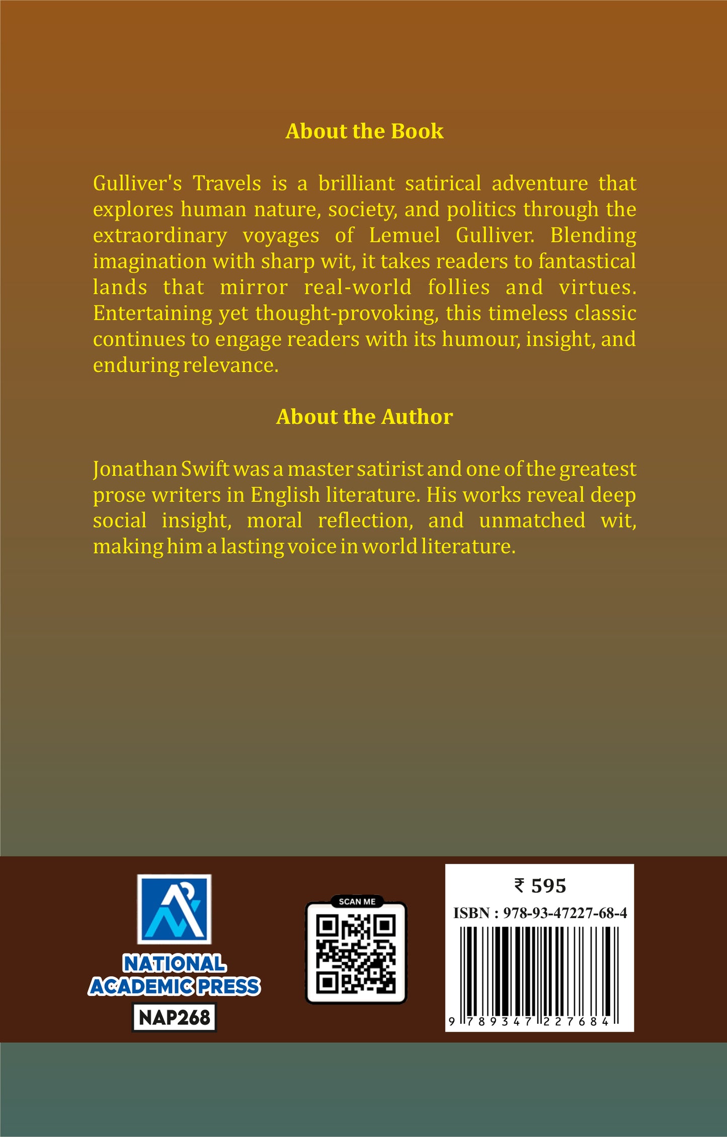 Book back cover with text about 'Gulliver's Travels' and author Jonathan Swift, featuring National Academic Press branding.