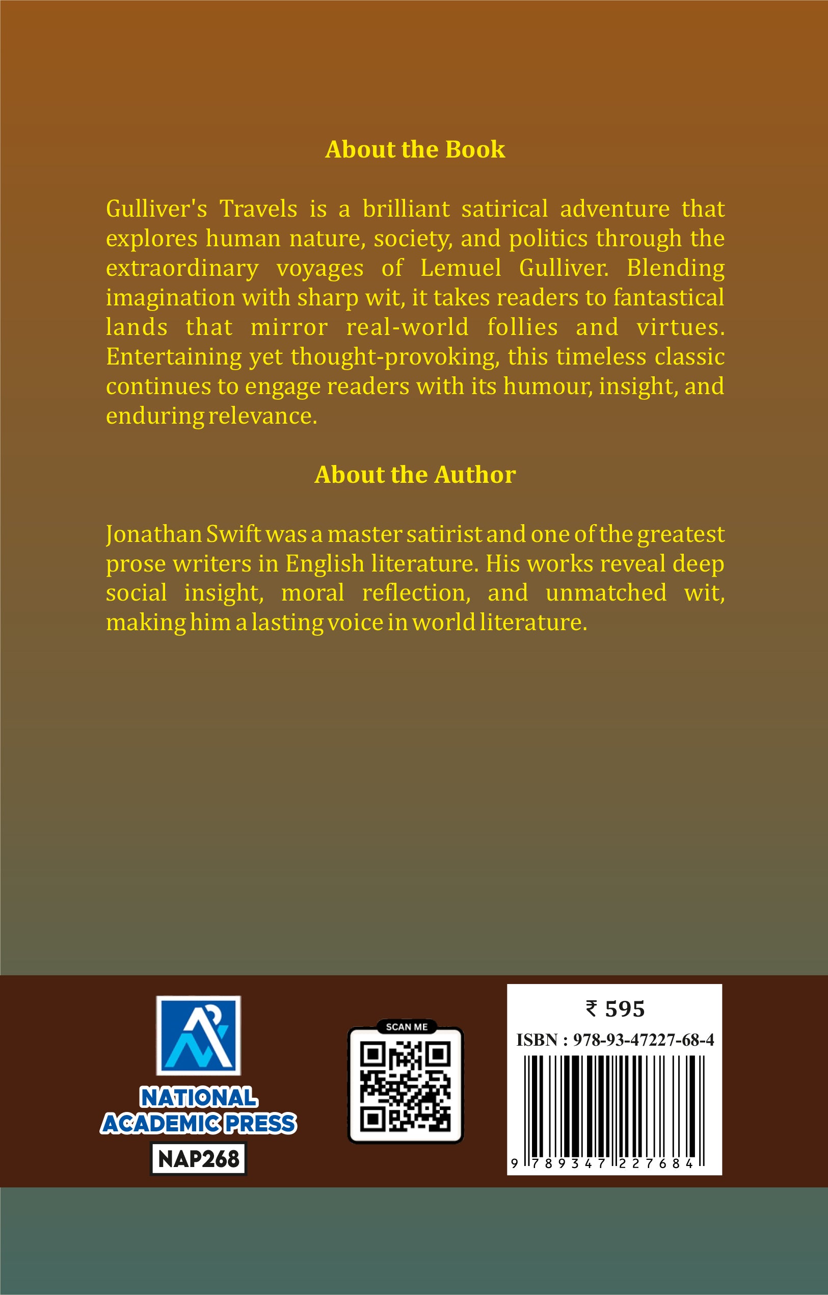 Book back cover with text about 'Gulliver's Travels' and author Jonathan Swift, featuring National Academic Press branding.