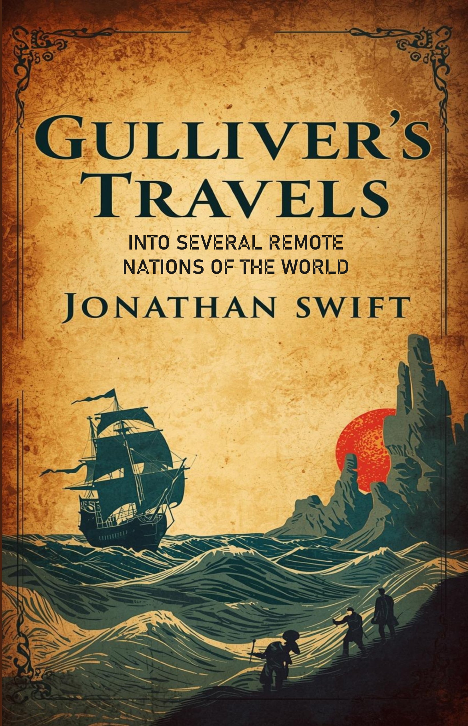 Book cover of 'Gulliver's Travels' by Jonathan Swift with a ship and landscape illustration.