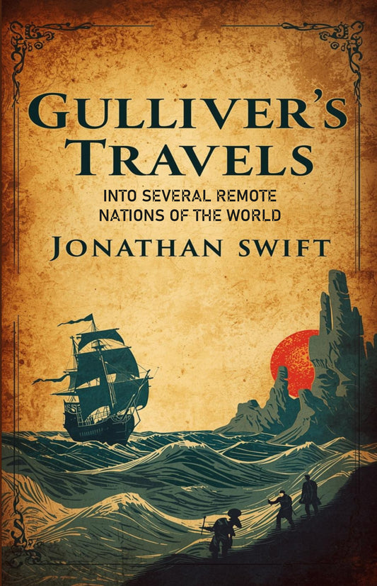Book cover of 'Gulliver's Travels' by Jonathan Swift with a ship and landscape illustration.