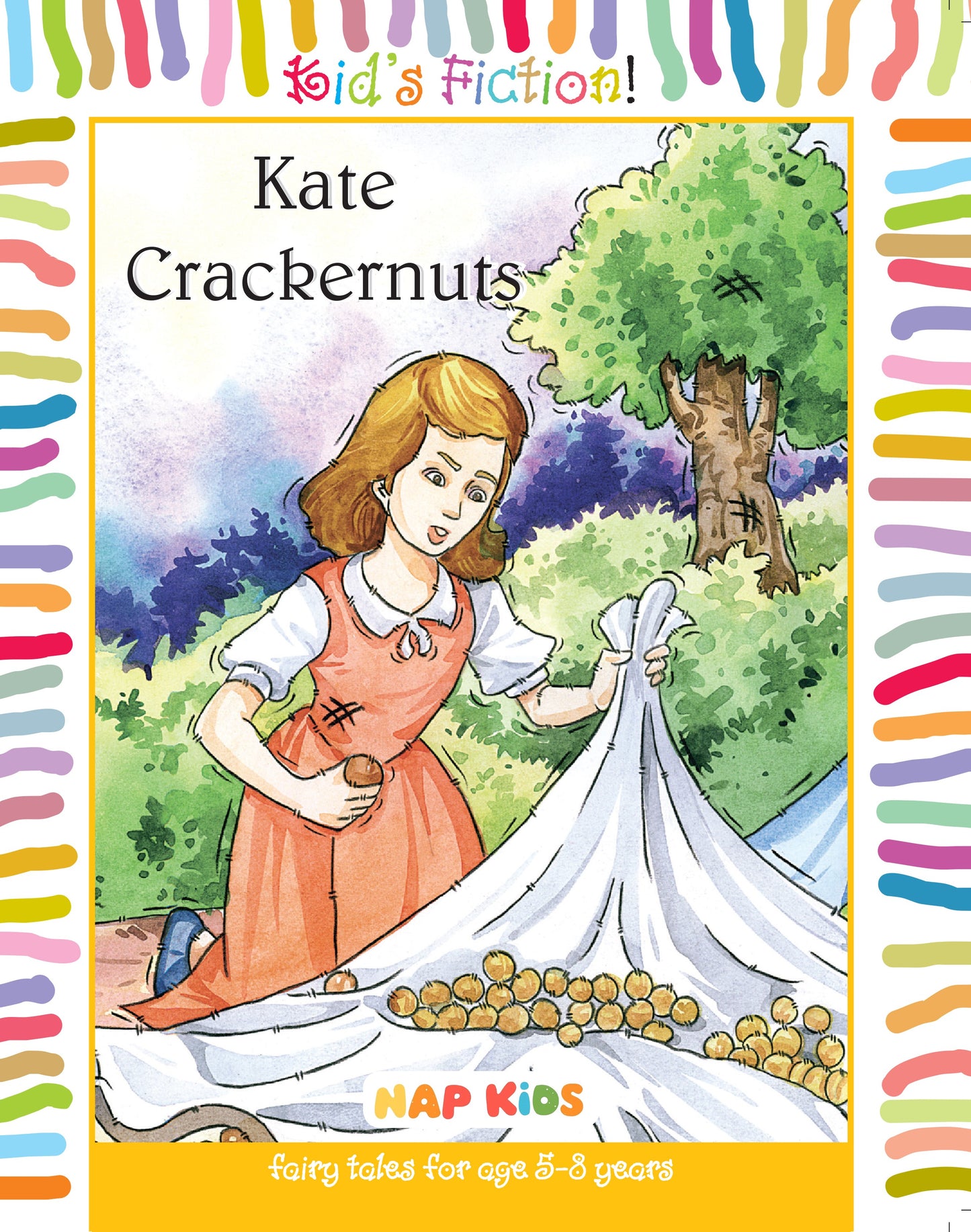 Book cover of 'Kate Crackernuts' by MAP Kids with a colorful border and illustration of a girl in a garden.