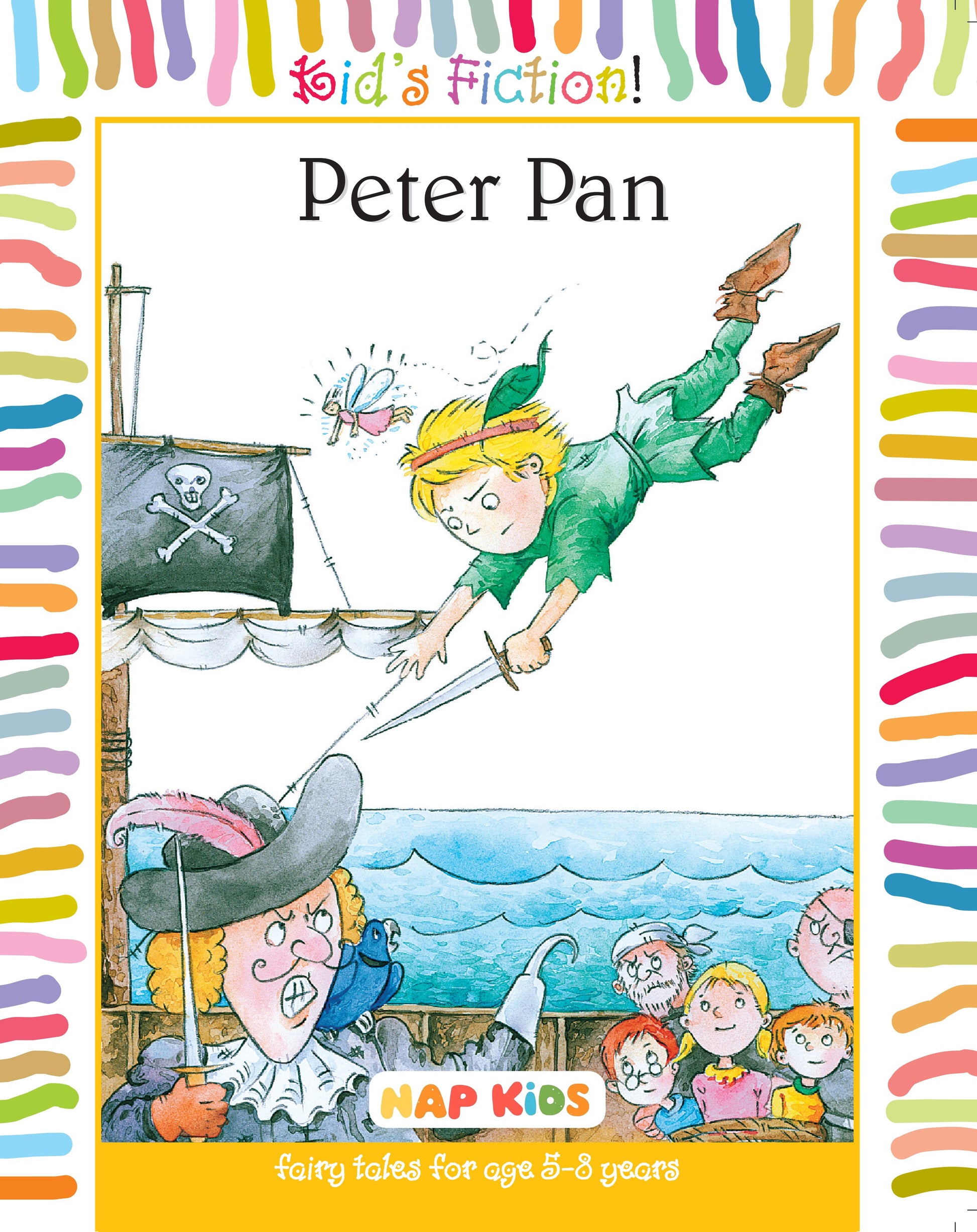 Book cover of 'Peter Pan' with colorful border and illustration of a boy flying over a pirate ship.