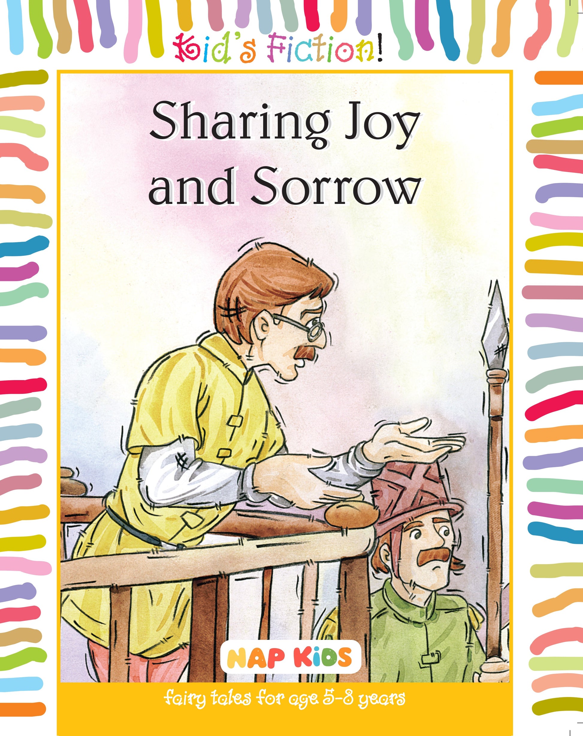 Book cover of 'Sharing Joy and Sorrow' with illustrations of two characters and colorful border.