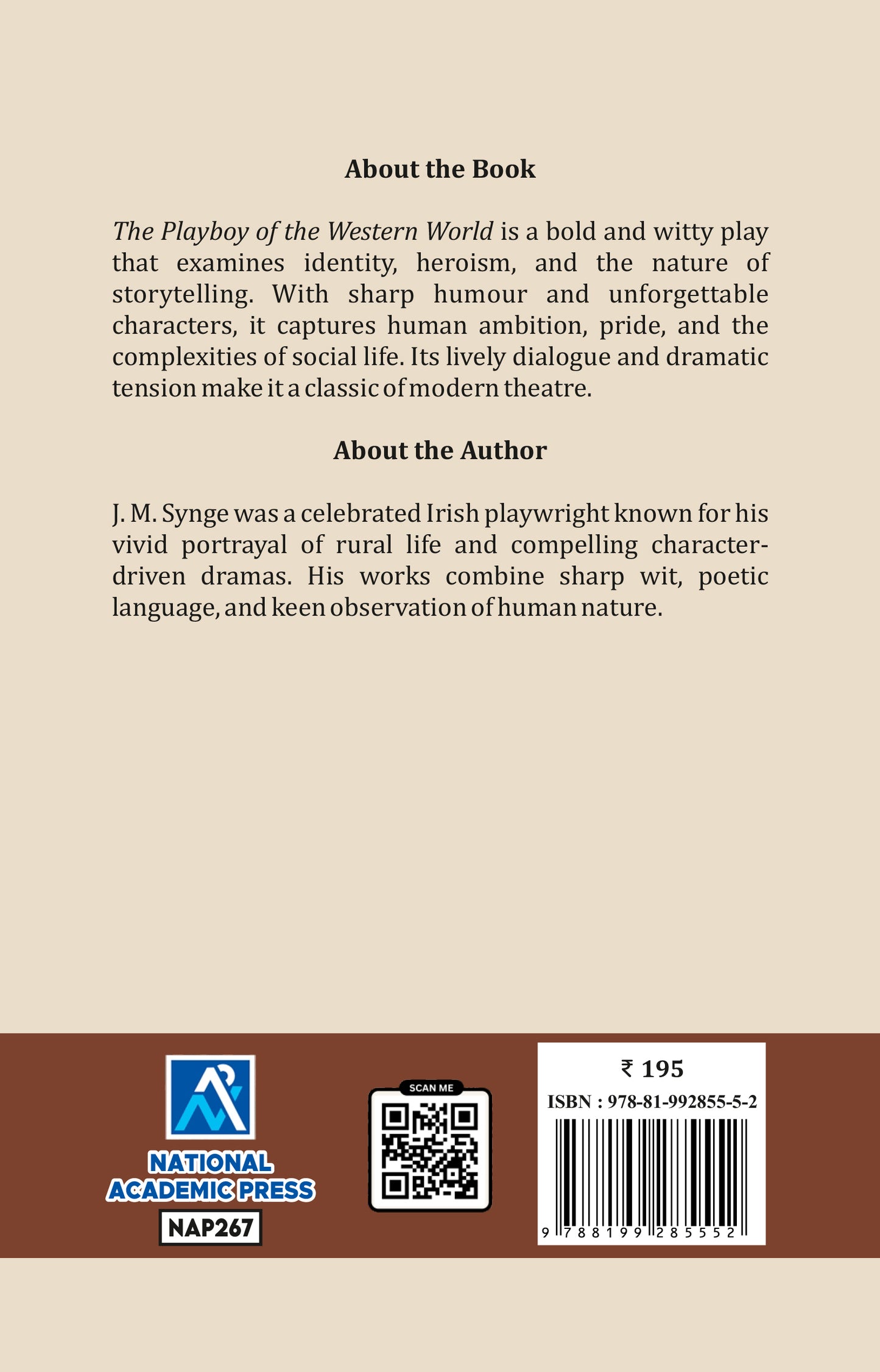 Back cover of a book with text about the play 'The Playboy of the Western World' and information about the author J. M.