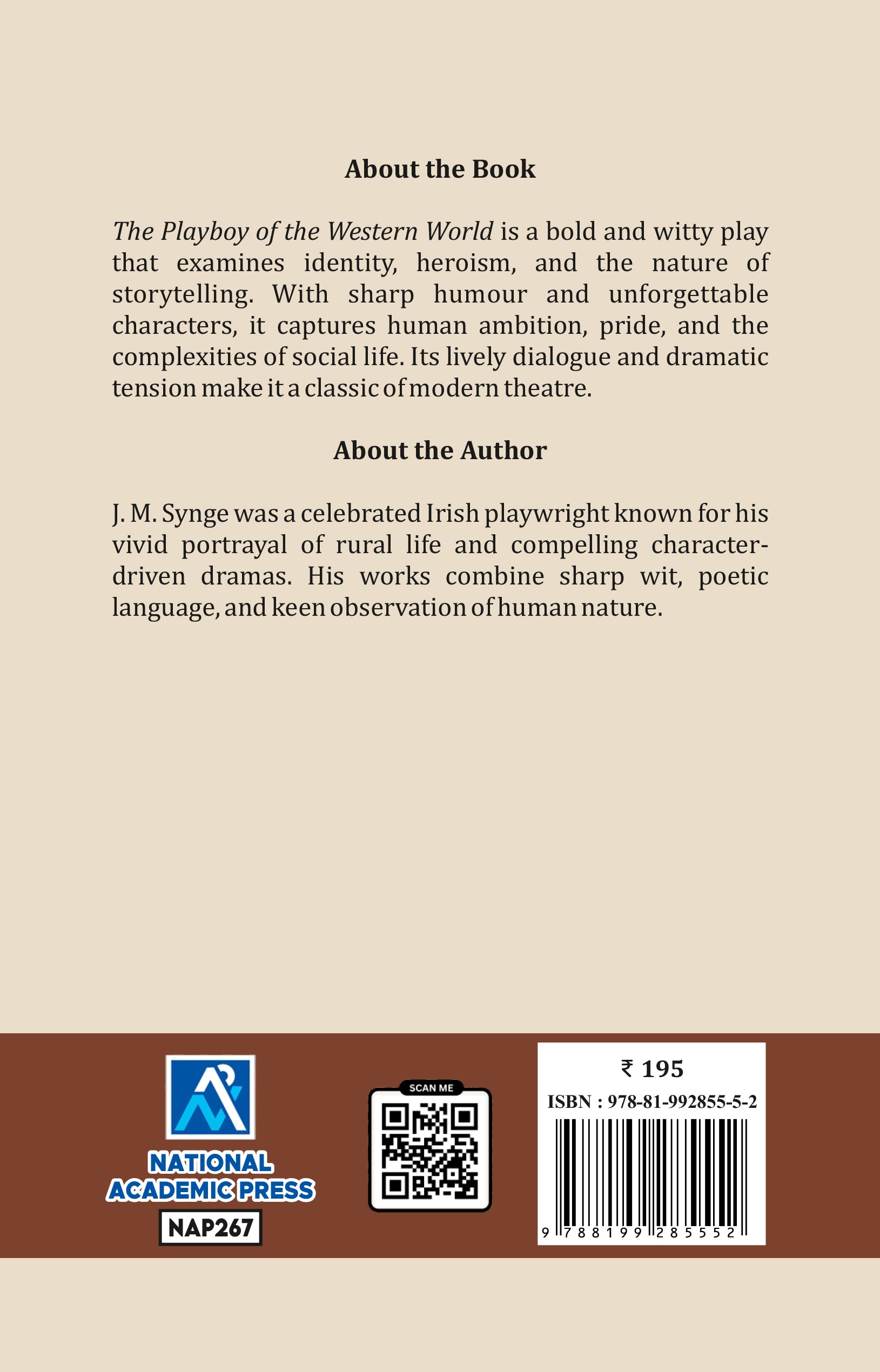 Back cover of a book with text about the play 'The Playboy of the Western World' and information about the author J. M.