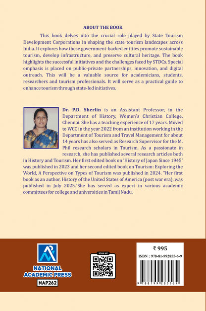 Back cover of a book with text and a QR code, featuring a person's photo and contact information.