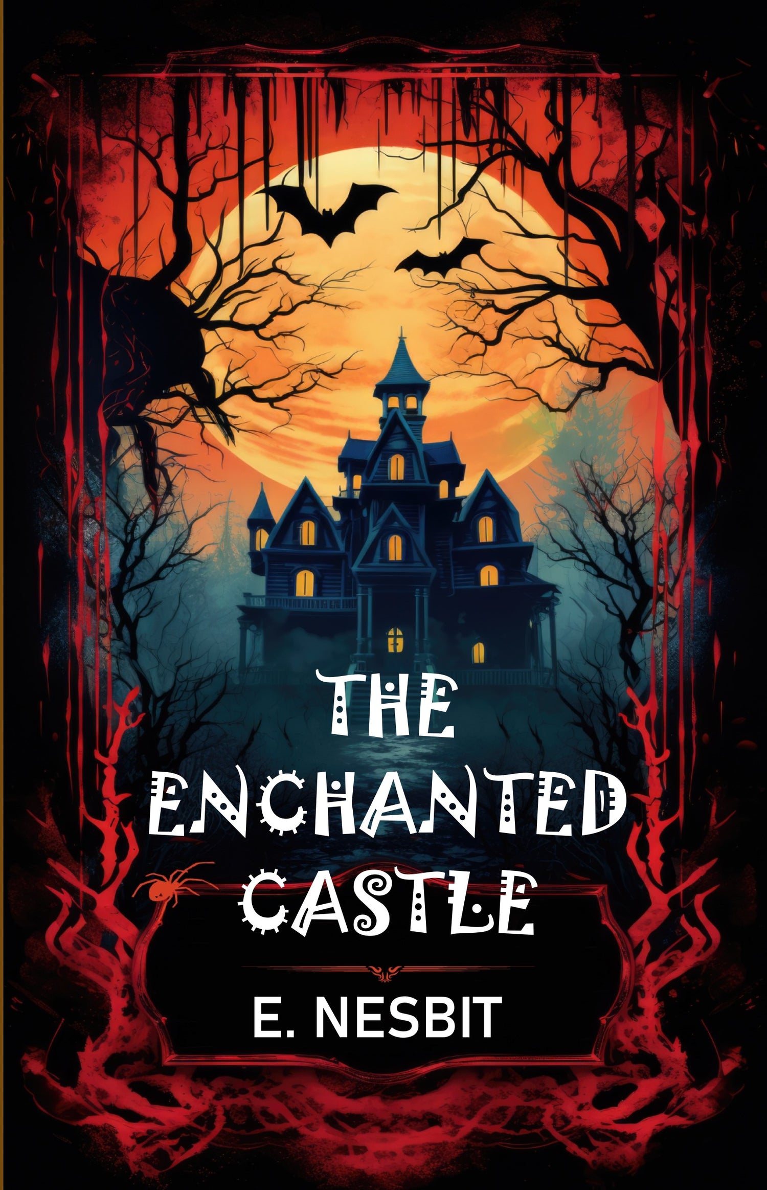 This image features an eerie and captivating book cover for "The Enchanted Castle" by E. Nesbit. from Shanti books publisher in Chennai.