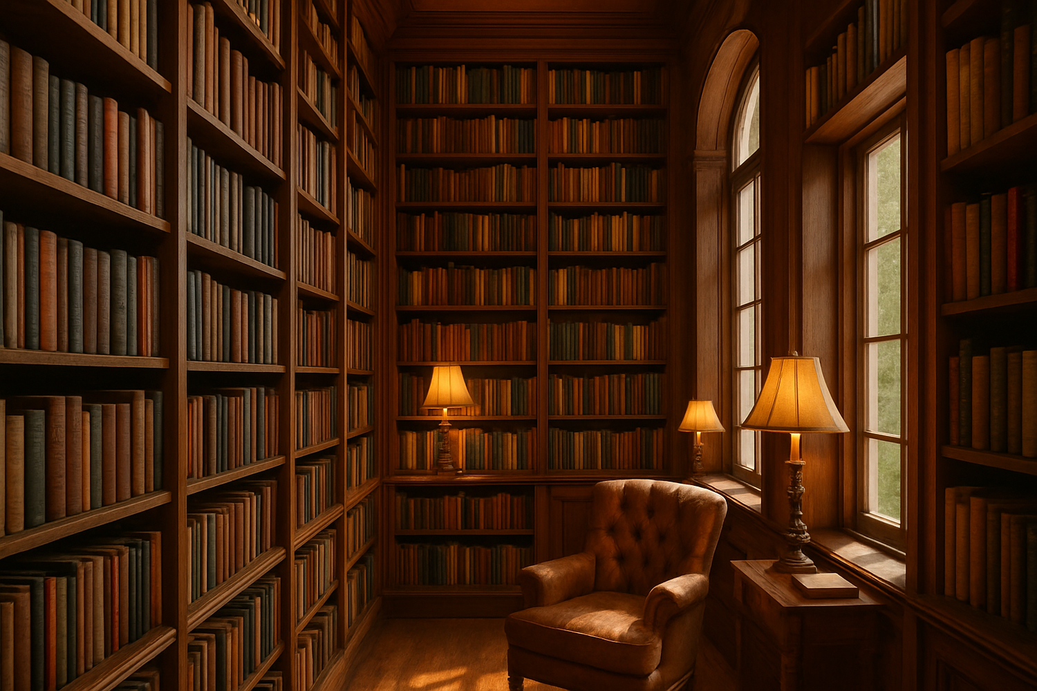 cushion chair in personal library with lamps Shanti Books.